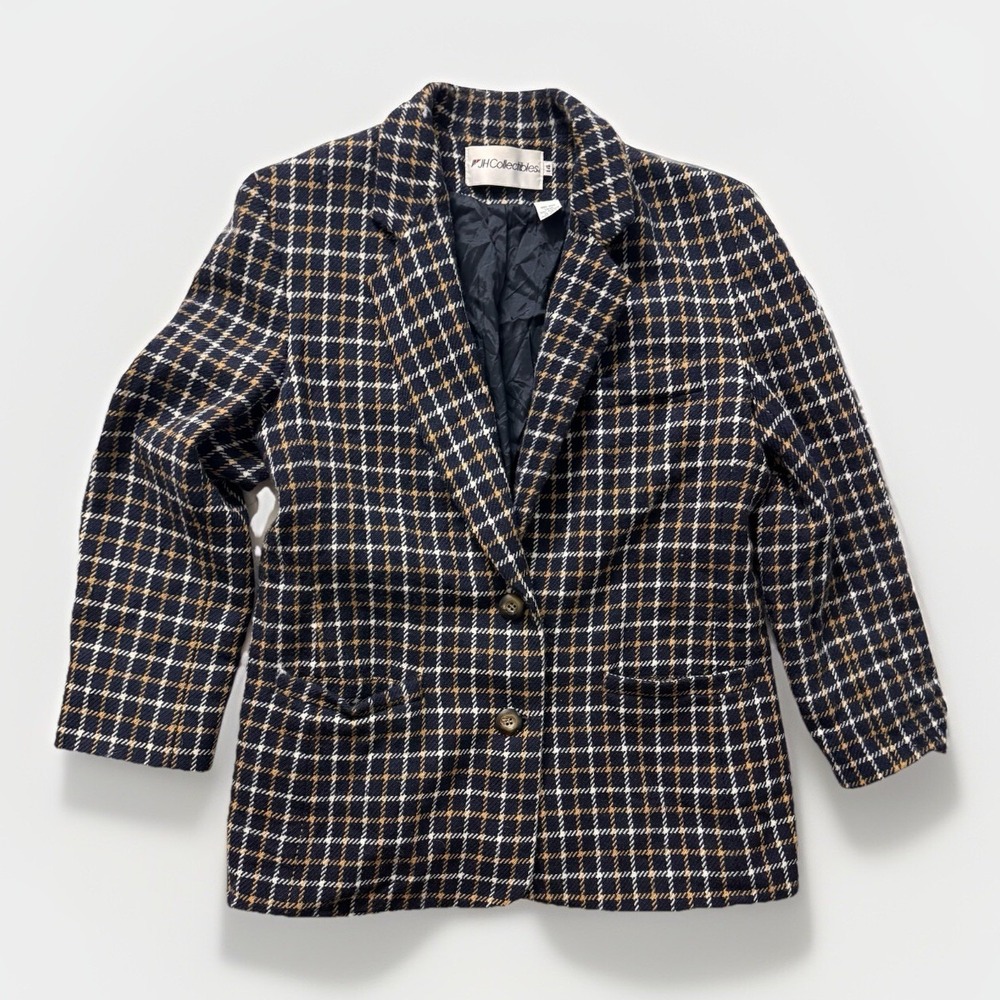 Vintage JH Collectibles 100% Wool Blazer Jacket Women's 14 Button Plaid Navy